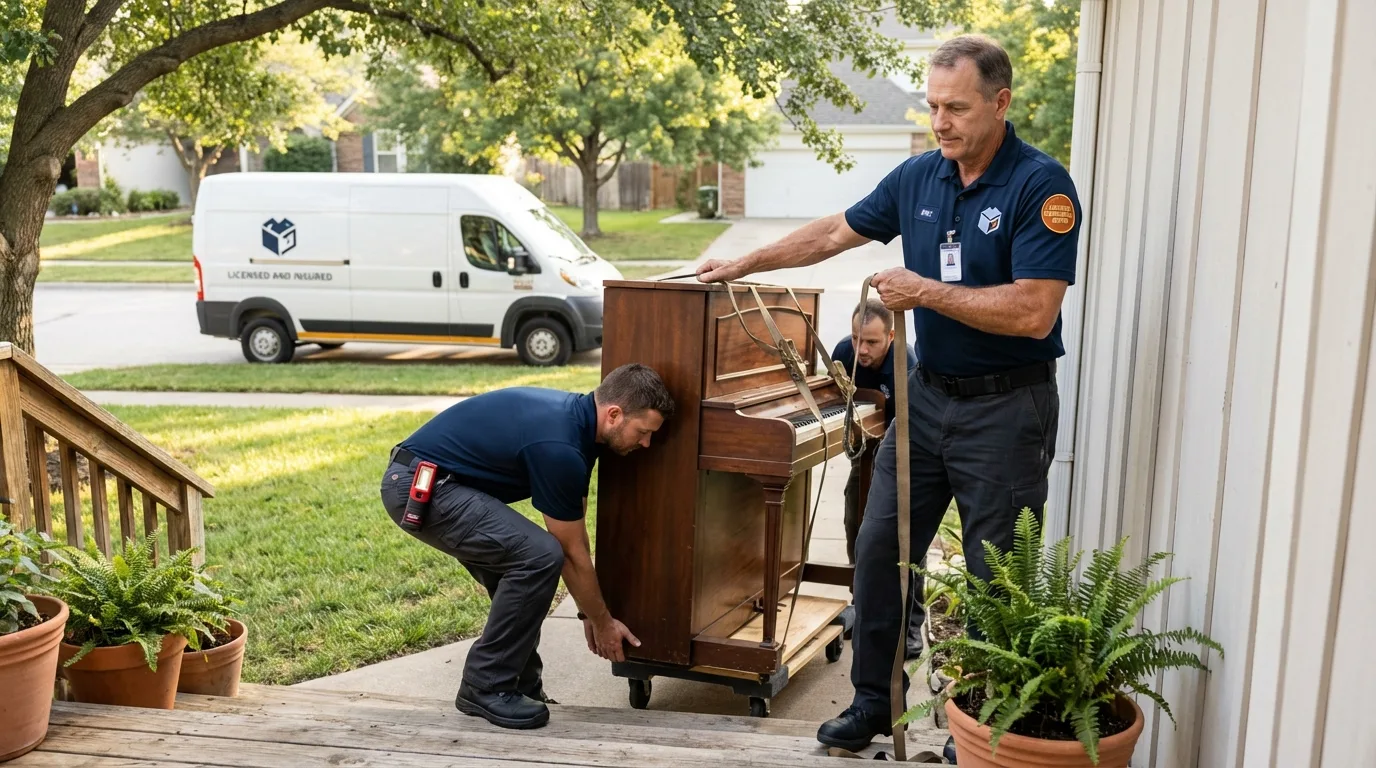 Licensed piano movers securing grand piano in Factoryville, PA