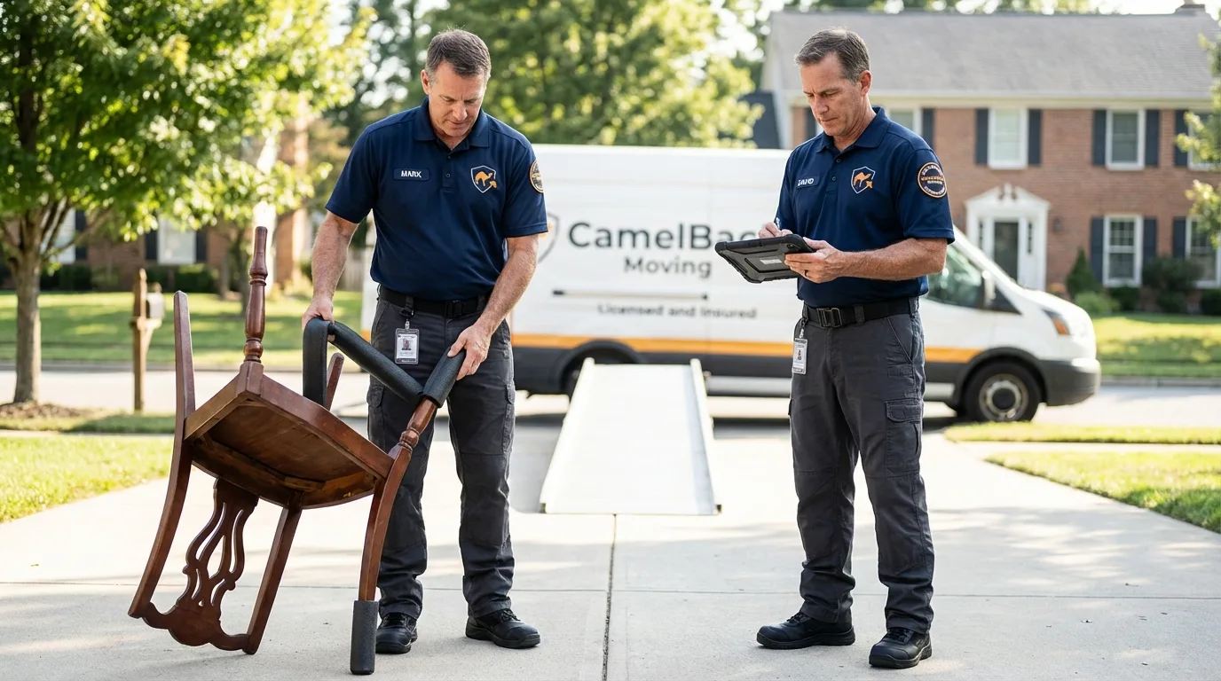 Movers inspecting furniture for damage prevention before loading in Factoryville, PA