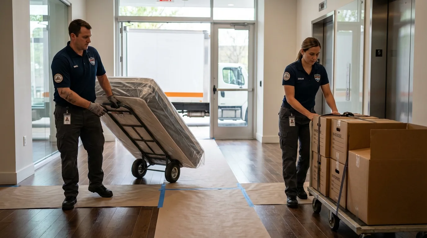 Professional apartment movers loading elevator in Factoryville, PA